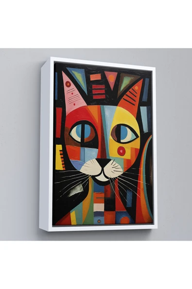 Trezon Ahşap Çerçeveli Pablo Picasso Tarzı - Soyut Renkli Kedi Tablo-7374 ürün görseli 1
