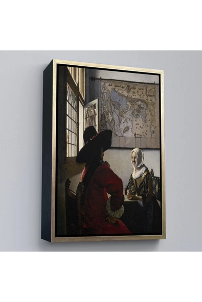Trezon Ahşap Çerçeveli Johannes Vermeer - Memur Ve Gülen Kız Tablo - Officer And Laughing Girl-7366 ürün görseli 1