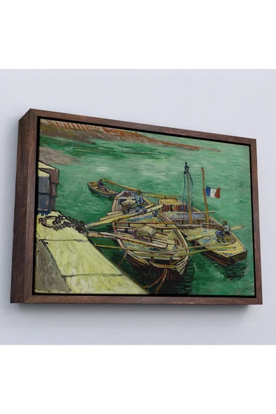 Trezon Ahşap Çerçeveli Vincent Van Gogh - Kum Mavnalarını Boşaltan Adamlarla Rıhtım Tablo-7185 ürün görseli 1