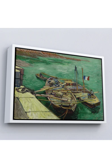 Trezon Ahşap Çerçeveli Vincent Van Gogh - Kum Mavnalarını Boşaltan Adamlarla Rıhtım Tablo-7185 ürün görseli 1