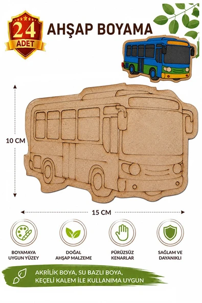 Ahşap Boyama Otobüs 24 Adet 10x15cm Araba Boyama Figürü Etkinlik Çoçuk Gelişim Motor Beceri Kreş Anasınıfı ürün görseli 1