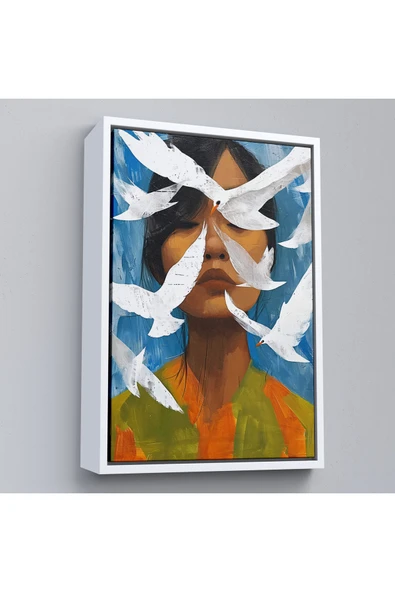 Trezon Ahşap Çerçeveli Beyaz Kuşlar Ve Asyalı Kadın Tablo-7630 ürün görseli 1