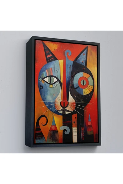 Trezon Ahşap Çerçeveli Pablo Picasso Tarzı - Soyut Renkli Kedi Tablo-7371 ürün görseli 1
