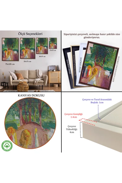 Trezon Ahşap Çerçeveli Edvard Munch - Parkta Flört Tablosu-7303 - Resim 5