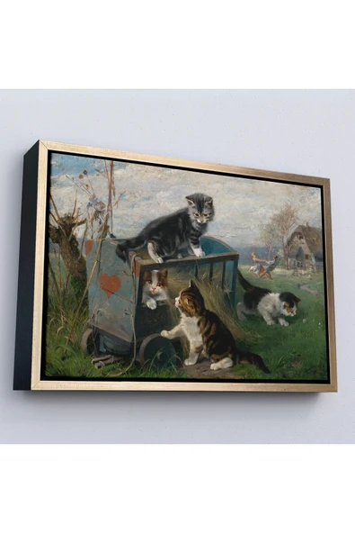 Trezon Ahşap Çerçeveli Julius Adam - Çayırda Arabada Oynayan Kedi Yavruları Tablo-7084 ürün görseli 1