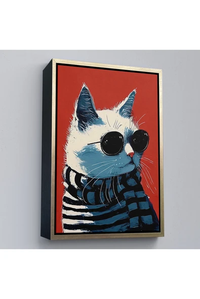 Trezon Ahşap Çerçeveli Cool Kedi Tablo-7577 ürün görseli 1