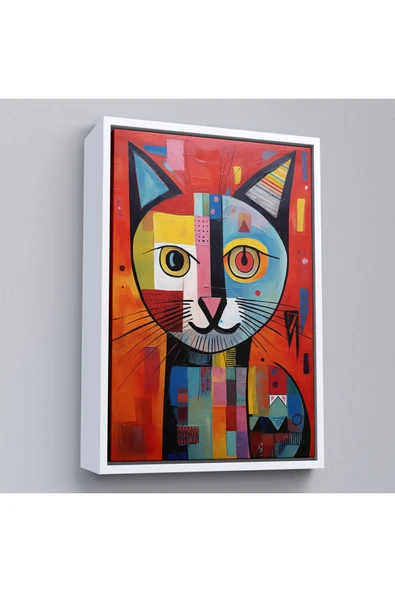 Trezon Ahşap Çerçeveli Pablo Picasso Tarzı - Soyut Renkli Kedi Tablo-7372 ürün görseli 1