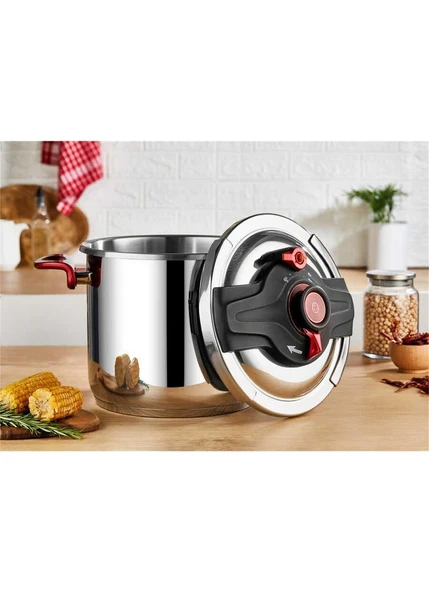 OMS 5106 - 2 Parça, Indüksiyonlu, Matik, 26 cm - 14 Litre Düdüklü Tencere Gümüş - Kırmızı Renk ürün görseli 1