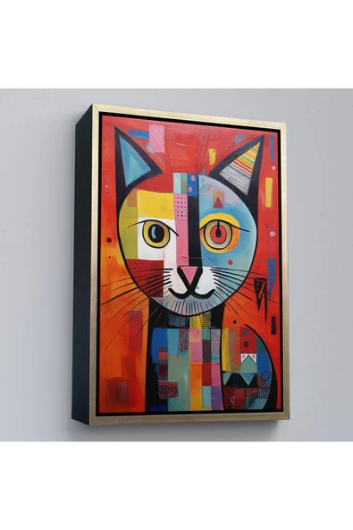 Trezon Ahşap Çerçeveli Pablo Picasso Tarzı - Soyut Renkli Kedi Tablo-7372 ürün görseli 1
