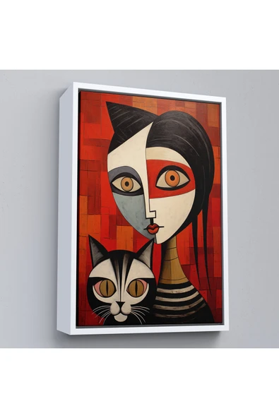 Trezon Ahşap Çerçeveli Pablo Picasso Tarzı - Soyut Renkli Kadın Ve Keditablo-7376 ürün görseli 1