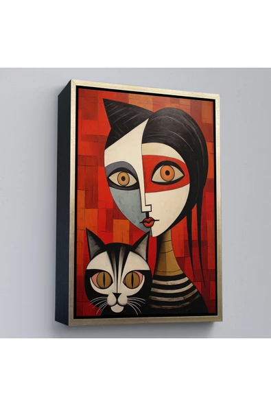 Trezon Ahşap Çerçeveli Pablo Picasso Tarzı - Soyut Renkli Kadın Ve Keditablo-7376 ürün görseli 1