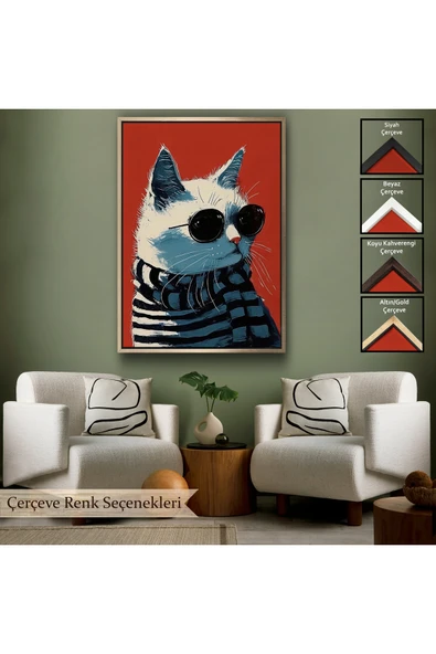 Trezon Ahşap Çerçeveli Cool Kedi Tablo-7577 - Resim 6