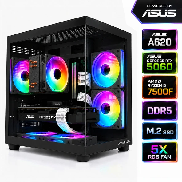 Xaser Apex x32 Ryzen 5 7500F-ASUS A620M-K/ASUS  RTX 5060 DUAL /1TB M.2/16GB DDR5 Siyah-Gaming Oem Oyuncu Paket ürün görseli 1