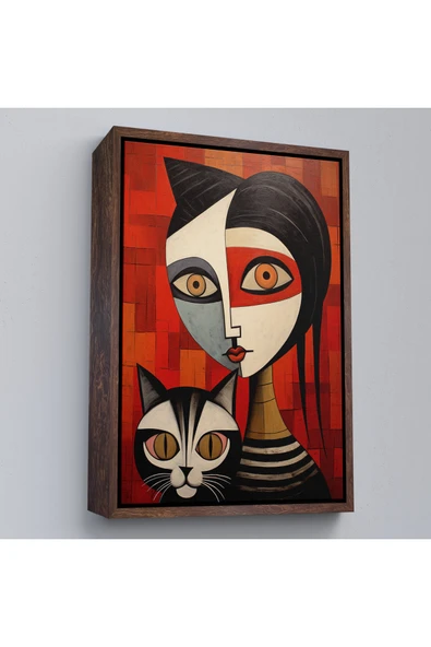 Trezon Ahşap Çerçeveli Pablo Picasso Tarzı - Soyut Renkli Kadın Ve Keditablo-7376 ürün görseli 1