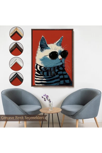 Trezon Ahşap Çerçeveli Cool Kedi Tablo-7577 - Resim 7
