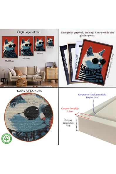 Trezon Ahşap Çerçeveli Cool Kedi Tablo-7577 - Resim 5