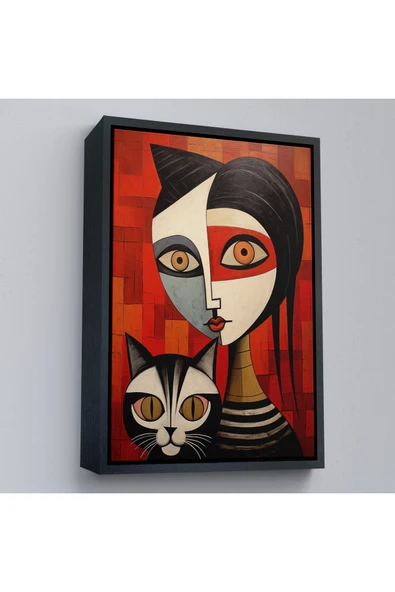 Trezon Ahşap Çerçeveli Pablo Picasso Tarzı - Soyut Renkli Kadın Ve Keditablo-7376 ürün görseli 1