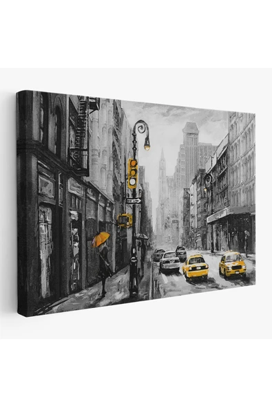 Trezon New York Sokakları Ve Sarı Taksi Yağlıboya Görünüm Kanvas Tablo-3552 ürün görseli 1