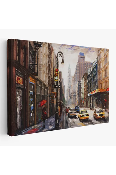 Trezon New York Sokakları Ve Sarı Taksi Yağlıboya Görünüm Tablo-3550 ürün görseli 1