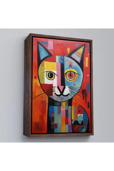 Trezon Ahşap Çerçeveli Pablo Picasso Tarzı - Soyut Renkli Kedi Tablo-7372 ürün görseli 1