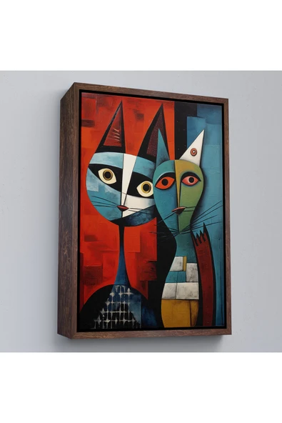 Trezon Ahşap Çerçeveli Pablo Picasso Tarzı - Soyut Renkli Kedi Tablo-7370 ürün görseli 1