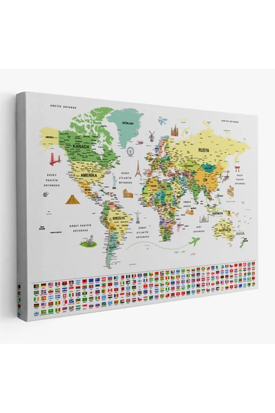 Trezon Türkçe Dünya Haritası Ayrıntılı Eğitici Sembollü Bayraklı Dekoratif Kanvas Tablo 2848 ürün görseli 1