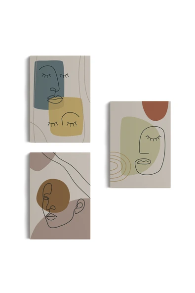 Trezon 3’lü Tablo Minimal Şekiller ve Çizgi Sanat Yüzleri Soyut Sanat Tablo Seti-AP-16 ürün görseli 1