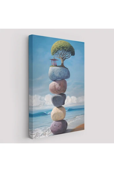 Trezon Sahilde Renkli Denge Taşları Kanvas Tablo, Terapi, Meditasyon, Yoga Baskısı-5322 ürün görseli 1