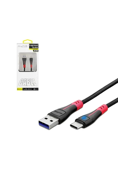 SH TICARET AURIS ARS-CB26 Şarj Kablosu Type-C 3.4A 1.2 Metre Örgülü Işıklı ürün görseli 1