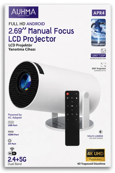 auhma APR4 Full HD Android Akıllı Projeksiyon Cihazı - 4K Destekli, Çift Bant Wifi, Taşınabilir LCD Ev Sinema Projektörü ürün görseli 1