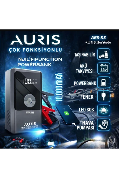 Auris ARS- K3 10000mah power bank araç takviye kompresör led ışık hepsi bir arada ürün görseli 1