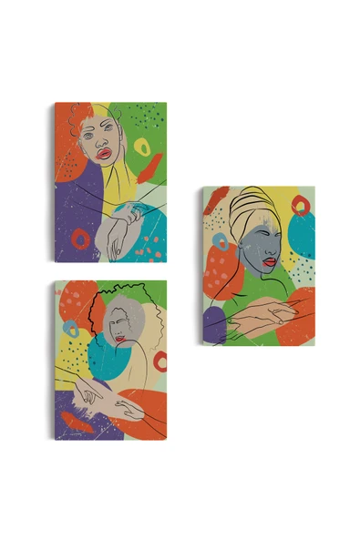 Trezon Pop Art Afrika Kadın Renkli Portre 3 lü Duvar Tablo Seti -AG-7 ürün görseli 1