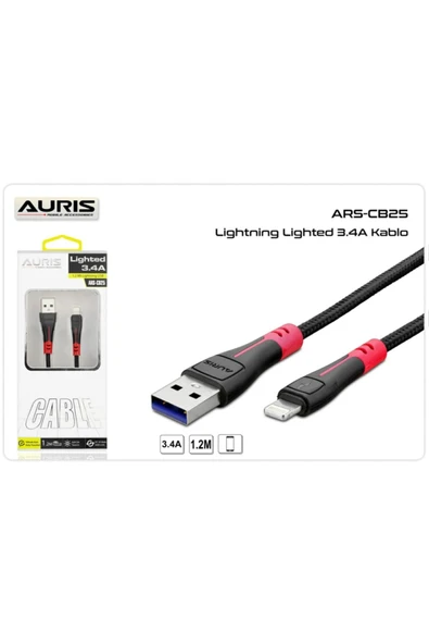 Auris 3.4 Iphone Lightning 1.2m Extra Güçlü Işıklı Usb Kablo Ars-cb25 ürün görseli 1