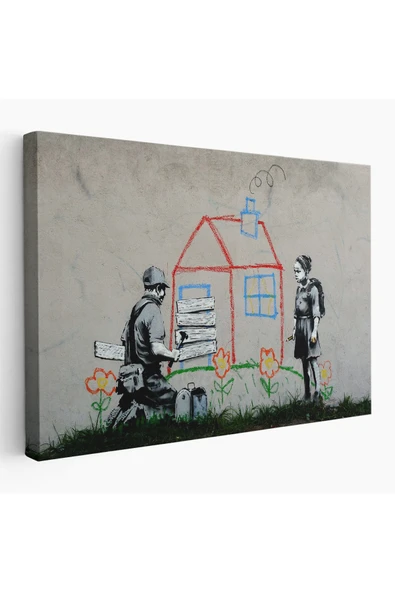 Trezon Bansky Çocuğun Çizdiği Evin Kapısını Kapatan Adam Kanvas Tablo-5019 ürün görseli 1