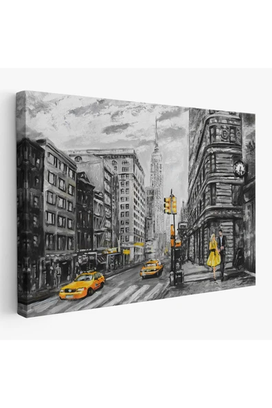 Trezon New York Sokakları Ve Sarı Taksi Yağlıboya Görünüm Tablo-3500 ürün görseli 1