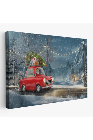 Trezon Noel Baba ve Küçük Kırmızı Retro Arabası Kanvas Duvar Tablosu-3752 ürün görseli 1
