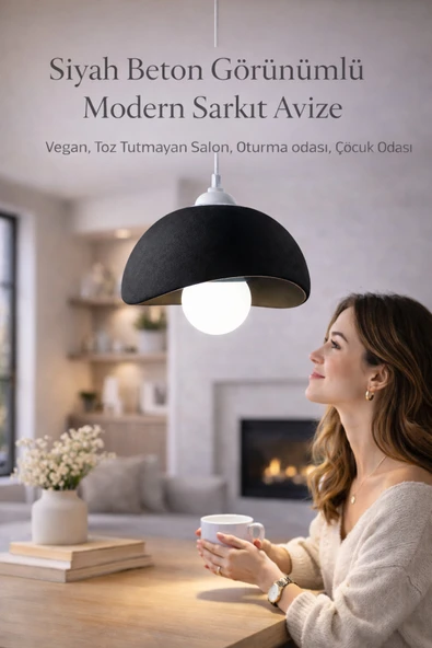 Trezon Siyah Beton Görünümlü Modern Sarkıt Avize, Vegan, Toz Tutmayan Salon, Oturma odası, Çocuk Odası ürün görseli 1