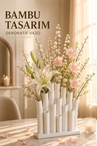 Trezon Bambu Tasarım Dekoratif Vazo Modern Çiçeklik Masa Üstü Ev Dekoru ürün görseli 1