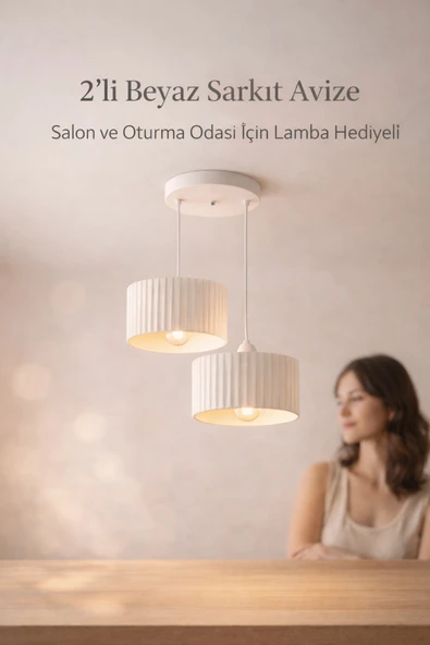Trezon Lüks Beyaz Renk 2'li Modern Dekoratif Salon, Oturma Odası ve Mutfak Sarkıt Avize (Lamba Hediyedir) ürün görseli 1