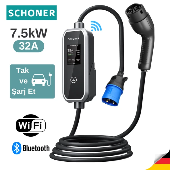 Schoner 7.4kw Taşınabilir Elektrikli Araç Şarj Istasyonu -Tak ve Şarj Et- Wi-Fi / Bluetooth Smart 5 Metre Tip2 Kablolu ürün görseli 1