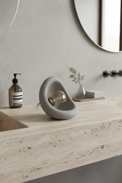 Trezon Modern Beton Dokulu Abajur ,Organik Oval Gece Lambası ,Minimal Tasarım Dekoratif Aydınlatma 25 cm ürün görseli 1