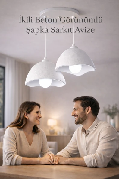 Trezon İkili Beton Görünümlü Şapka Avize Sarkıt Loft Stil Modern, Vegan, Çevre Dostu, Salon Mutfak ürün görseli 1