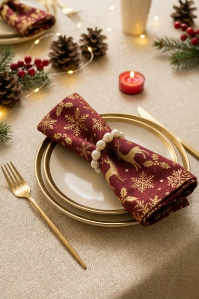 Trezon 6 Adet Ekru Boncuklu İnci Peçete Yüzüğü, Napkin Ring, Sunumluk Yüzük 4 cm ürün görseli 1