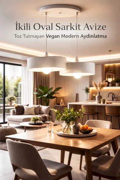 Trezon İkili Beton Görünümlü Oval Avize Sarkıt, Toz Tutmayan, Vegan, Oturma Odası Salon Mutfak Çocuk Odası ürün görseli 1
