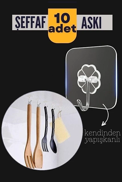 10'lu Şeffaf Kendinden Yapışkanlı Güçlü Askı Kancası, Banyo Mutfak Organizer, İz Bırakmaz Pratik Askı ürün görseli 1