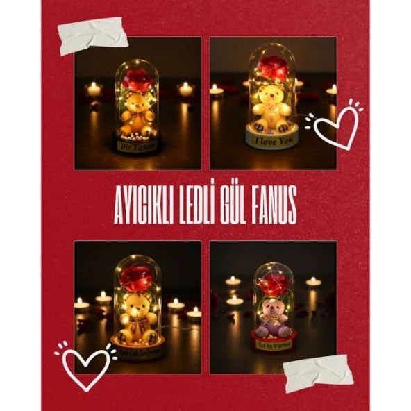 Ayıcıklı Ledli Gül Fanus ürün görseli 1