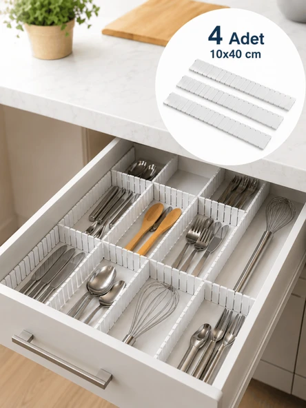 Beylini 4'lü Çekmece Içi Düzenleyici 10X40 cm Custom Organizer Isteğe Göre Kesilebilir Dolap  Makyaj Düzenleyici Beyaz ürün görseli 1