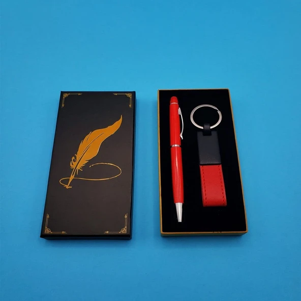 Kutulu Kırmızı Deri Anahtarlık ve Touchpen Tükenmez Kalem Hediye Seti ürün görseli 1