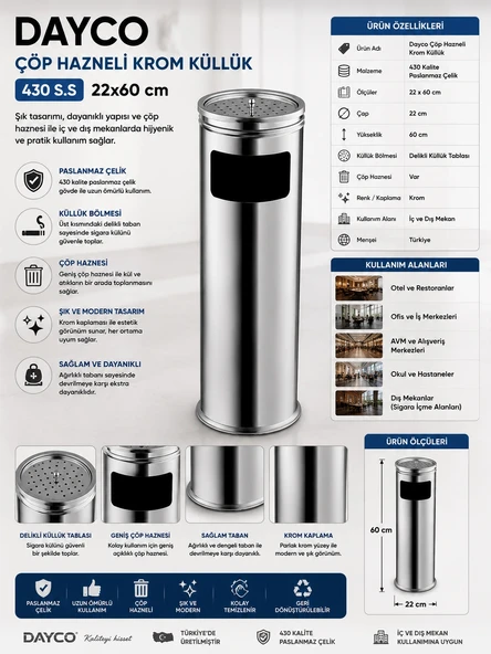 Dayco Çöp Hazneli Krom Küllük  430 S.S 22x60 cm ürün görseli 1