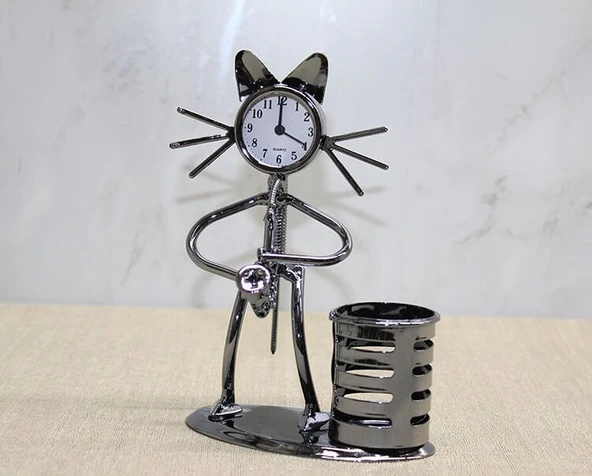 Metal Saksafon Çalan Müzisyen Kedi Saat Ve Kalemlik ürün görseli 1